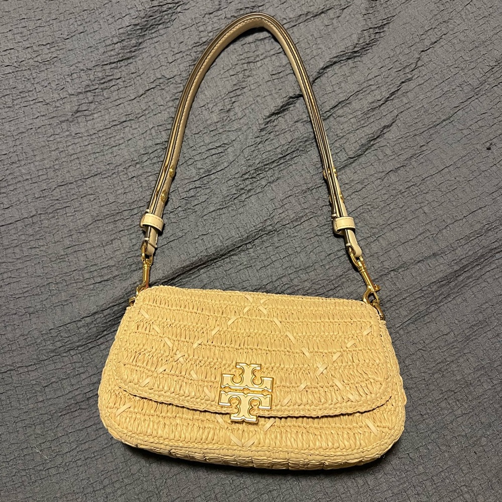 Tory Burch Straw Beige Shoulder Bag with Cream Logo